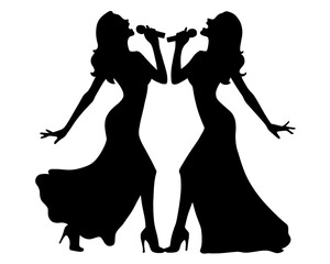 black silhouette of two women singing, batel singing show, icon isolated on white background, type 1
