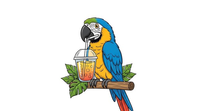 Colorful Parrot Drinking Cocktail Tropical.