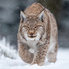 Obraz premium Siberian lynx walking forward through snow with intense focused gaze