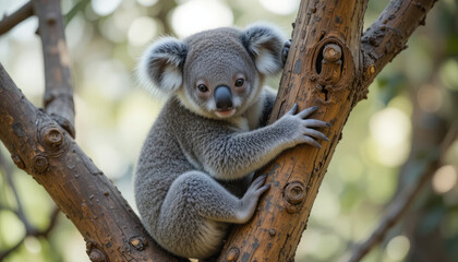 Adorable koala bear climbing tree branch in forest