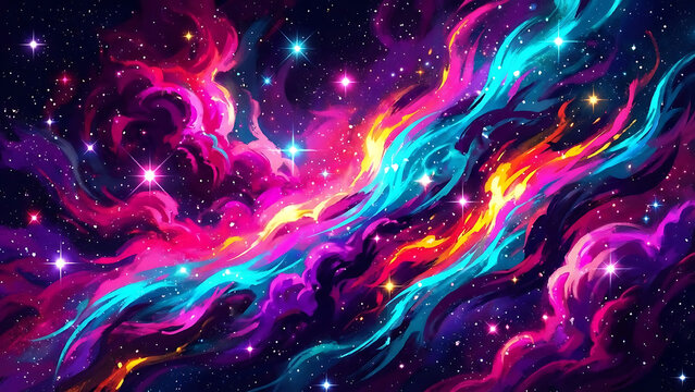 Dynamic Psychedelic Nebula with Bright Neon Hues and Sparkling Celestial Bodies