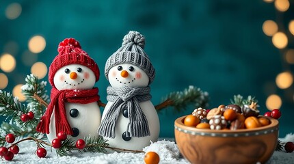 Cozy Winter Snowmen with Festive Christmas Decor, Adorable snowmen in knitted hats and scarves with festive greenery, winter lights, and cozy Christmas vibes