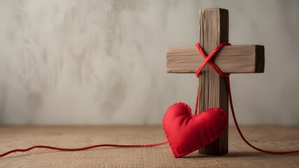 A red heart and rustic wooden cross symbolizing christian faith and divine love © Adobe 2.0