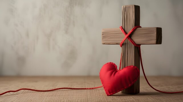 A red heart and rustic wooden cross symbolizing christian faith and divine love