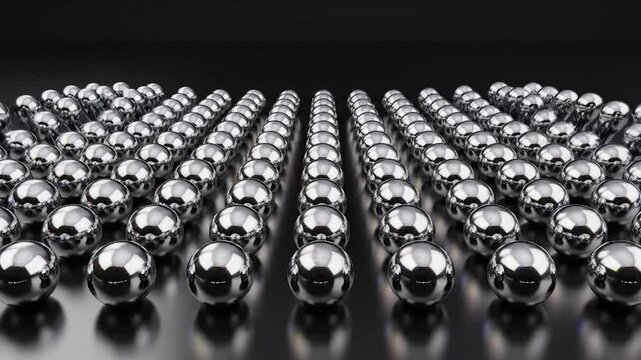 Silver spheres in rows on dark reflective surface.