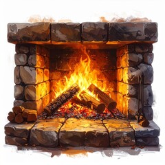 Stone Fireplace with Burning Logs and Flickering Flames in Orange Light