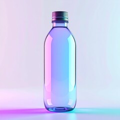 Glass Water Bottle Under Neon Lighting On White Background And Clean Surface