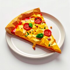 Abstract Low Poly Pizza Slice on White Plate with Tomato and Basil