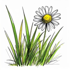 Hand Drawn Style Daisy Flower Surrounded by Green Grass on White Paper