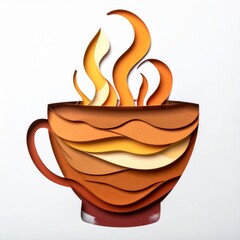 Brown Paper Art Coffee Cup with Steam on White Background Layered