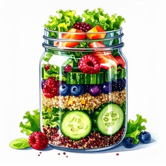 Layered Salad in Glass Jar with Fresh Berries and Green Vegetables