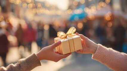 Romantic gift exchange on valentine day with festive lights in background