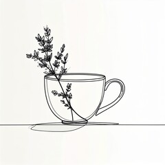 Minimalist Line Art of Herb Sprig in Clear Glass Cup on White Backdrop