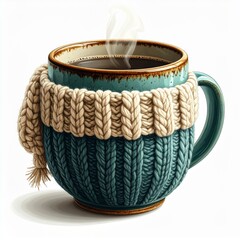 Close Up Steaming Mug Warm Drink with Knitted Sweater on White Background