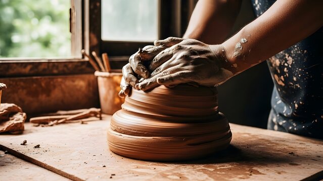 Close-up of a potter's hands shaping wet clay on a spinning pottery wheel in a sunlit workshop, showcasing the art of ceramics and traditional craftsmanship. - Powered by Adobe
