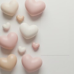 Heart shaped balloons in soft pastel tones of pink ivory and beige are arranged against a white background.
