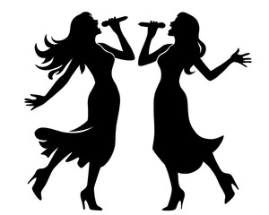 black silhouette of two women singing, batel singing show, icon isolated on white background, type 4
