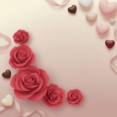 Red roses are artistically arranged with pink and gold ribbons on a warm gradient background.