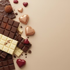 Assorted chocolates are arranged on a light beige background.