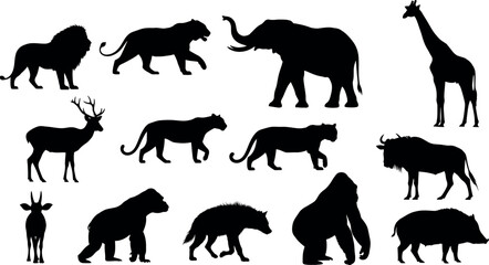 Silhouette of various african animals in a collection featuring a lion elephant giraffe and more in black outline on white background silhouette