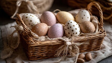 Obraz premium Decorative easter eggs in rustic basket for spring celebration