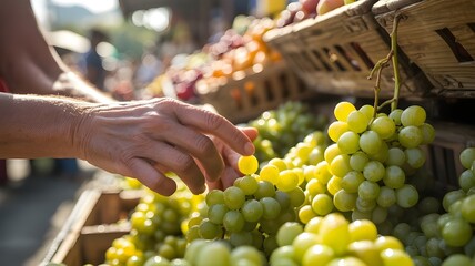 Customer choosing green grapes in supermarket produce section fresh fruit healthy diet shopping nutrition organic retail lifestyle closeup photography market