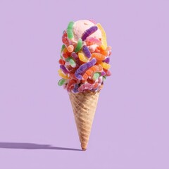 Ice cream cone covered in colorful gummy worms on purple background