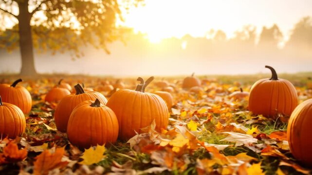 A vibrant autumn scene featuring pumpkins scattered amongst colorful fallen leaves with a warm sunset.