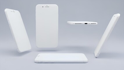 Multiple views of a sleek white smartphone displayed against a clean gray background showcasing various angles and a separate sim card