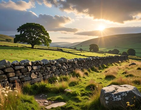 Rolling green hills, old stone wall, a tree, and sunset glow - Powered by Adobe