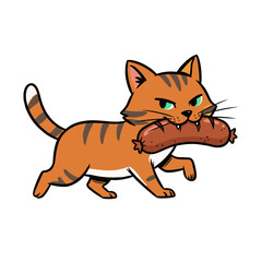 Obraz premium Illustration of a mischievous orange cat carrying a sausage in its mouth on a white background 