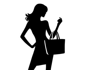 silhouette of a woman model holding a bag, icon isolated on a white background, silhouette of a model 1
