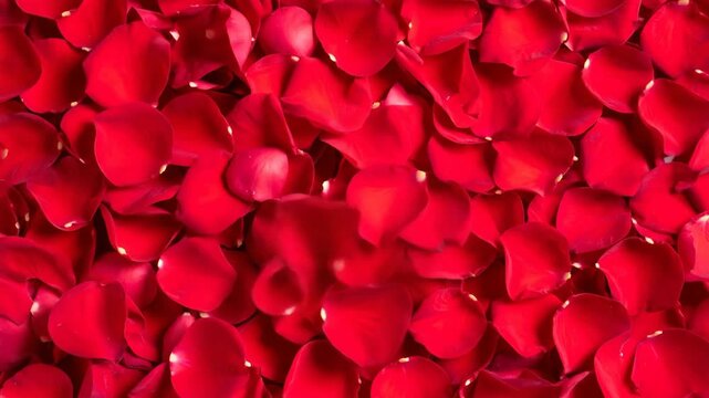A close-up view of many vibrant red rose petals creating a textured, romantic background.