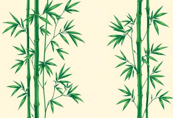 Fototapeta premium Intricate green bamboo stalks and leaves form a repeating oriental pattern on a beige background, leaves, elegant