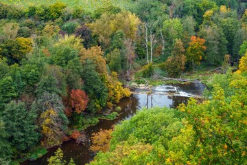 Sobes, historical vineyard, pyramidal hill on the river Dyje Thaya, view from Devet mlynu (Nine Mills) viewpoint. Autumn colors, 4k resolution.