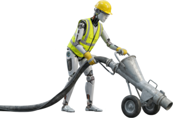 Futuristic humanoid construction robot wearing a yellow hard hat and safety vest operates a portable concrete spraying or pumping machine with a large hose android worker