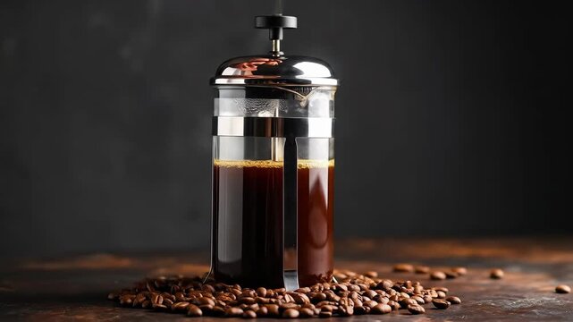 A French press filled with freshly brewed coffee, surrounded by scattered roasted coffee beans, ready to enjoy.