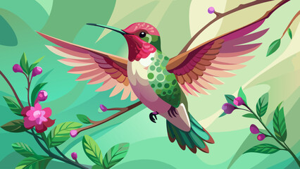 Fototapeta premium Hummingbird with open wings near blooming branches and pink flowers, flat vector art with soft color palette, elegant nature illustration.