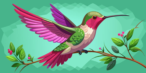 Vibrant hummingbird in flight near flowering branch, flat vector art with detailed feathers, bright colors, natural background, graphic illustration. © Hafiz
