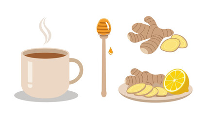 Natural Ginger Tea Illustration Featuring Fresh Ingredients and Warm Herbal Drink