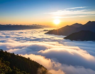 Sunrise illuminates a mountain range, its peaks jutting above a sea of clouds, creating a stunning scenic vista. The sun shines brightly