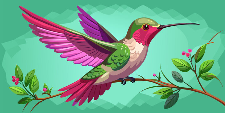 Vibrant hummingbird in flight near flowering branch, flat vector art with detailed feathers, bright colors, natural background, graphic illustration.