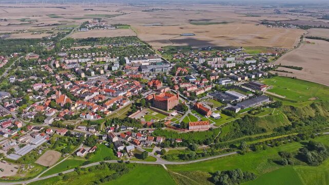 Panoramic drone footage showing Polish countryside and medieval heritage