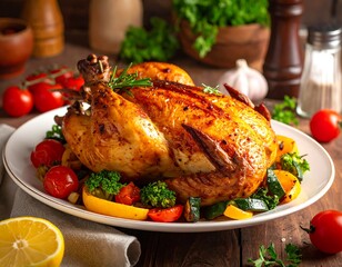 Roasted whole chicken on a white plate with roasted vegetables