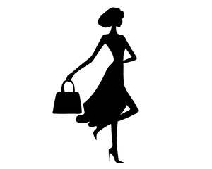 silhouette of a woman holding a bag, icon isolated on white background, silhouette of model 1
