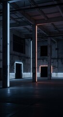 Empty warehouse interior with neon light accents creating a futuristic and industrial atmosphere.