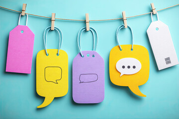 Colorful speech bubble tags hang on a line against a turquoise background, adding a playful and creative touch to communication themes.