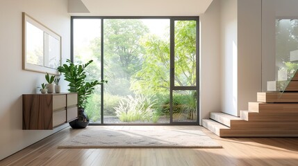 Fototapeta premium Modern and Stylish Entrance Hall with Simple Design, Glass Window, and Natural Light 