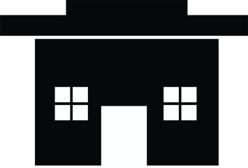black house silhouette icon with two windows and flat roof isolated on white background