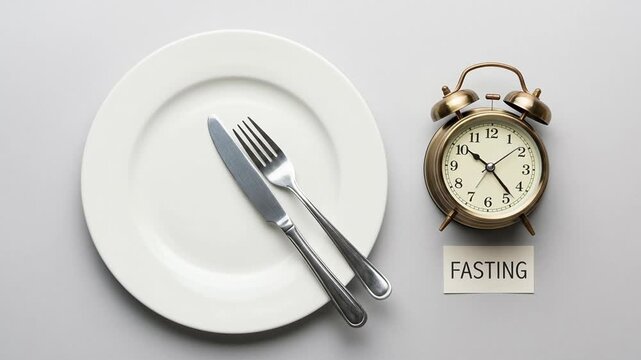 Intermittent fasting approach promotes ancestral health with timed eating, empty plate, clock, fork, knife for mindful nutrition, wellness